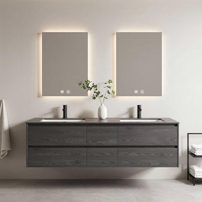 60"-96"Dark Oak Floating Bathroom Vanity with Double Sinks & LED Backlit Mirrors