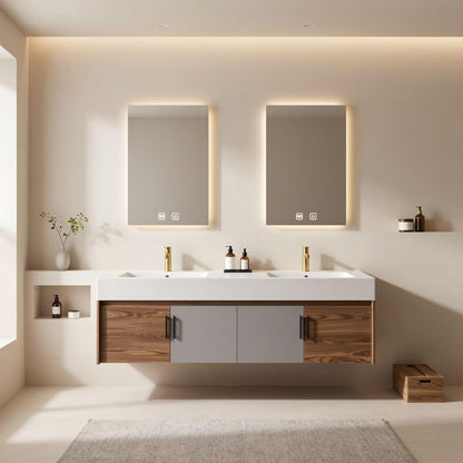 60"-96"Modern Floating Bathroom Vanity with Double Sinks, Two-Tone Cabinet & LED Backlit Mirrors