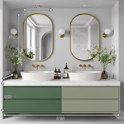 60"-96"Modern Green Bathroom Vanity with White Marble Top & Oval Gold Frame Mirrors