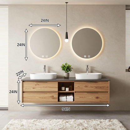 60“-96”Modern Oak Bathroom Vanity with Stone Countertop & LED Backlit Round Mirrors