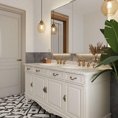 60"-96"Traditional White Double Sink Bathroom Vanity with Marble Top & Ornate Carvings