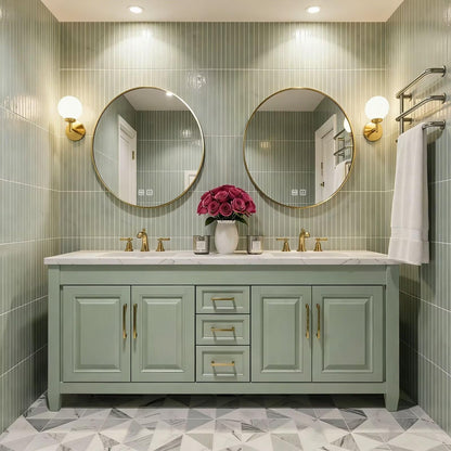 60”-96”Double Sink Bathroom Vanity with Gold Round Mirrors, Sage Green Cabinet & Marble Top