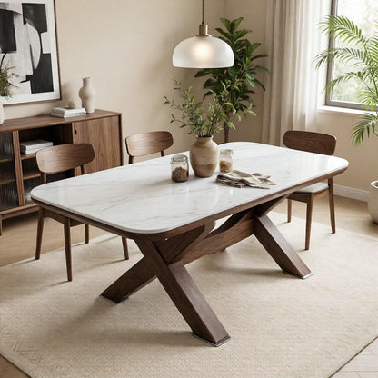 56"-96"Modern White Stone Top Dining Table, Contemporary Table with Sturdy Wooden X-Legs