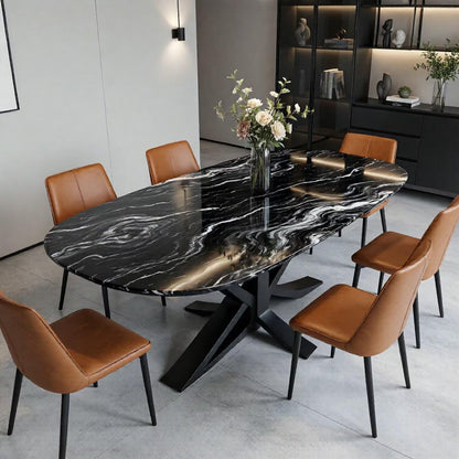56"-96"Oval Shaped Black Marble Dining Table, Durable Metal Base
