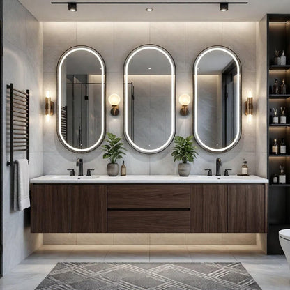 60"-96" Modern Wall-Mounted Bathroom Vanity with Marble Top & LED Lighted Mirrors