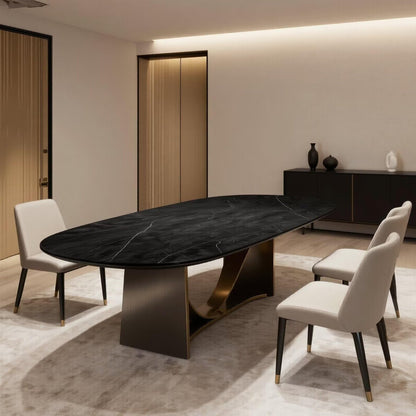 56"-96"Luxury Black Marble Oval Dining Table, Contemporary Table with Gold Metal Legs