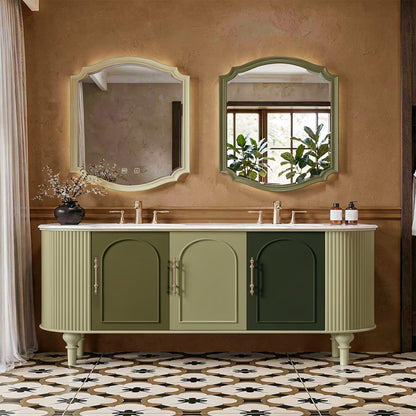 60"-96"Vintage Green Floating Vanity with Double Basins, Storage & Brass Hardware