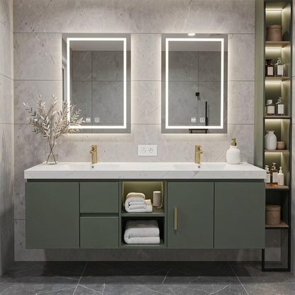 60”-96” Green Floating Bathroom Vanity with Double Sinks & LED Lighted Mirrors