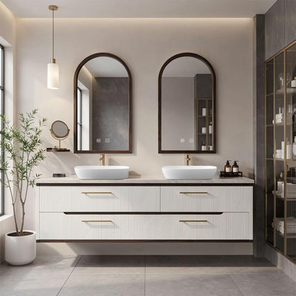 60"-96"White Floating Bathroom Vanity with Double Vessel Sinks & Arched LED Mirrors