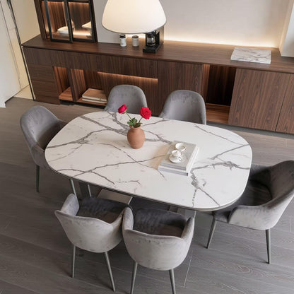56"-96"Modern Oval White Marble Dining Table, Glossy Top Rectangular Rounded Kitchen Table