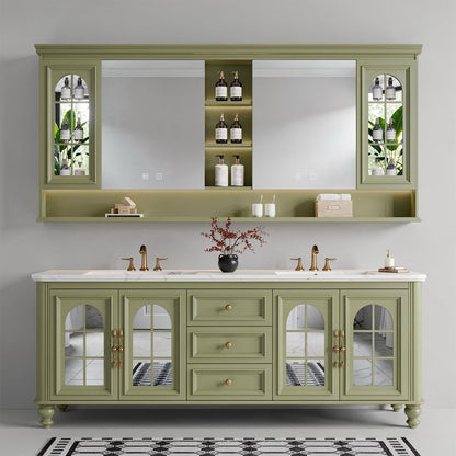 60”-96”Traditional Sage Green Bathroom Vanity with Double Sinks & Glass Door Storage