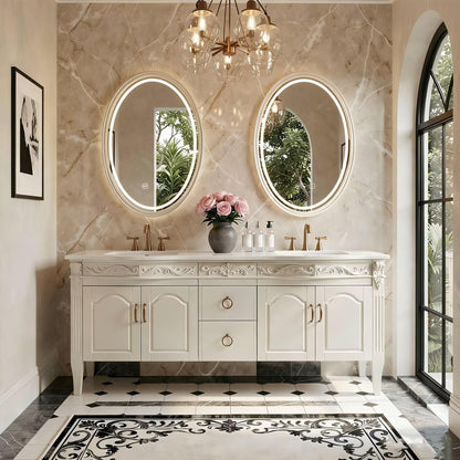 60"-96"White Traditional Bathroom Vanity with Double Sinks & LED Oval Mirrors
