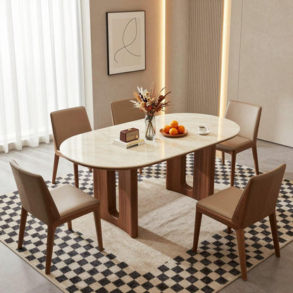 56"-96"Oval Marble Dining Table, Modern Kitchen Table with Solid Walnut Wood Base