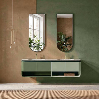 60"-96"Modern Wall-Mounted Vanity with Open Shelves, Marble Countertop & LED Mirrors