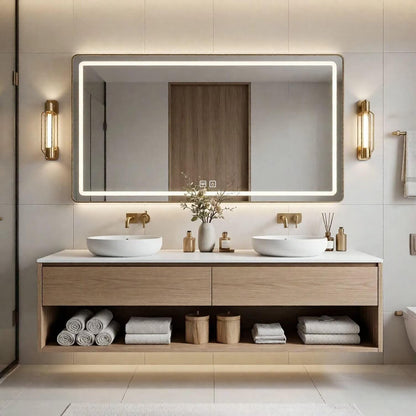 60“-96”Modern Floating Bathroom Vanity with Open Shelf & Gold Hardware