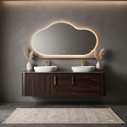 60"-96"Modern Dark Wood Wall-Mounted Bathroom Vanity with Vessel Sinks