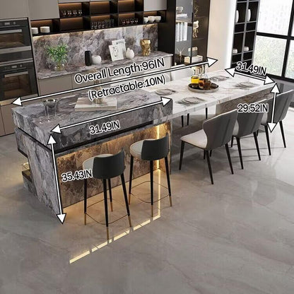 56“-96”Modern Marble Kitchen Island with LED Lighting, Multi-functional Countertop