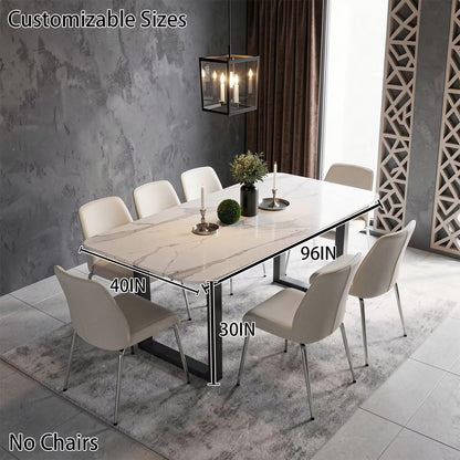 56"-96"Modern White Marble Dining Table, Sleek Rectangular Table with Sturdy Metal Legs