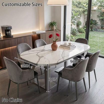 56"-96"Modern Oval White Marble Dining Table, Glossy Top Rectangular Rounded Kitchen Table