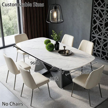 56"-96"White Marble Oval Dining Table, Modern Table with Geometric Metal Base for Kitchen