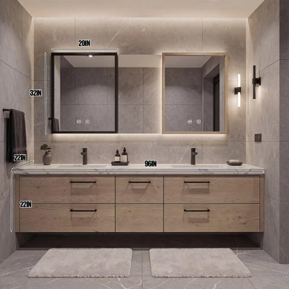 60”-96”Natural Wood Bathroom Vanity with Double Sinks & 6 Drawer Storage