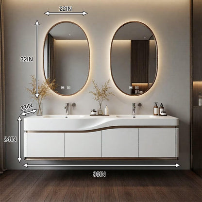 60”-96”Sleek White Bathroom Vanity with Backlit LED Mirrors, Integrated Double Sinks & Gold Trim