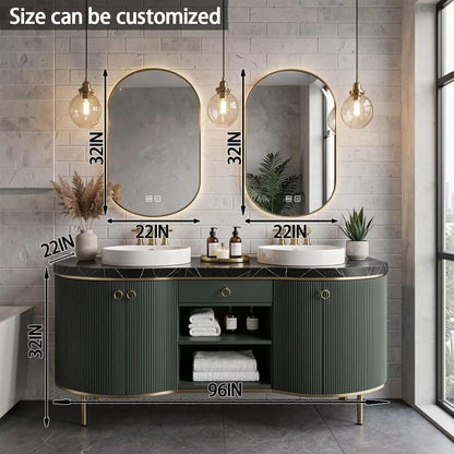 60"-96"Freestanding Green Bathroom Vanity with Double Vessel Sinks & LED Mirrors