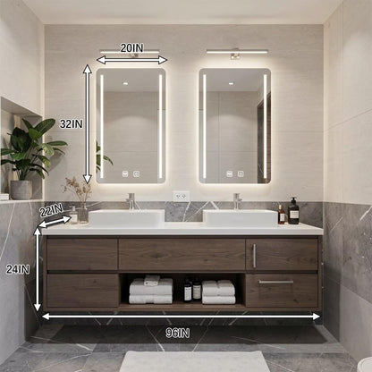 60”-96” Modern Dark Wood Vanity with Double Basins, Storage Drawers & LED Wall Mirrors