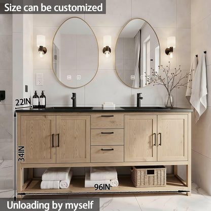 64"-96"Farmhouse Bathroom Vanity with Double Sinks & Oval LED Mirrors, Light Wood
