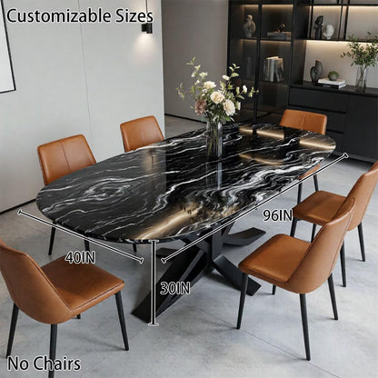 56"-96"Oval Shaped Black Marble Dining Table, Durable Metal Base