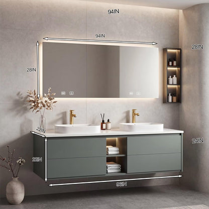 60”-96” Modern Greenish Gray Vanity with Open Shelf & Backlit LED Smart Mirror