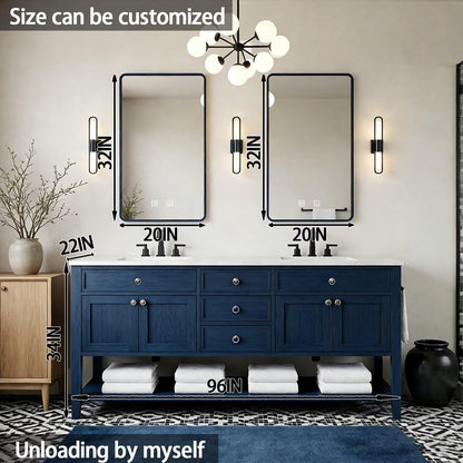 64"-96"Navy Blue Freestanding Bathroom Vanity with Double Sinks & White Marble Top