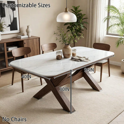56"-96"Modern White Stone Top Dining Table, Contemporary Table with Sturdy Wooden X-Legs