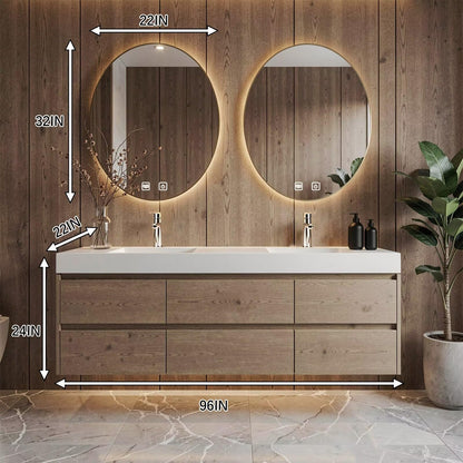 60”-96” Light Oak Floating Bathroom Vanity with Double Sinks & LED Round Mirrors