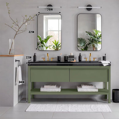 60"-96"Olive Green Bathroom Vanity with Double Sinks, Black Marble Top & Gold Hardware