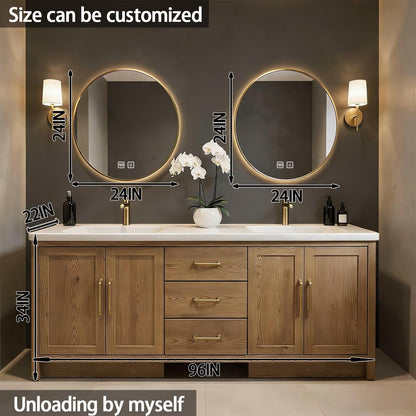 64"-96"Modern Oak Bathroom Vanity Set with Gold Hardware & White Top