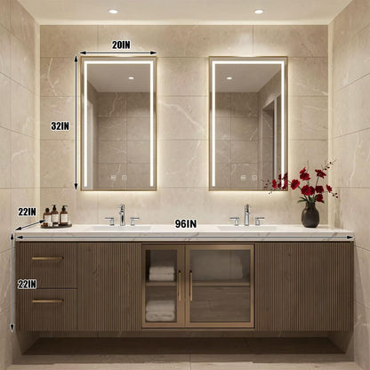 60"-96"Floating Bathroom Vanity with Double Sinks, LED Mirrors & Fluted Wood Finish