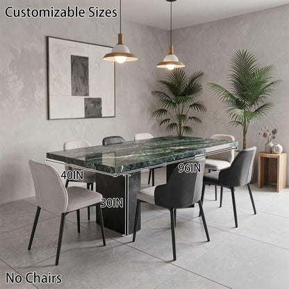 56"-96"Luxury Green Marble Dining Table, Contemporary Rectangular Table with Sturdy Block Base