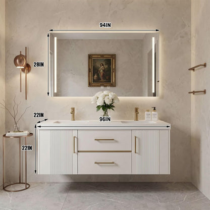 60”-96”White Floating Bathroom Vanity with Double Sinks & LED Lighted Mirror