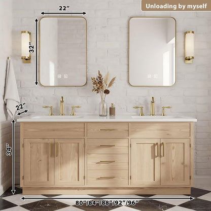 60”-96” Double Sink Freestanding Bathroom Vanity with 2 Gold LED Mirrors, Light Oak Wood Vanity with White Marble Top