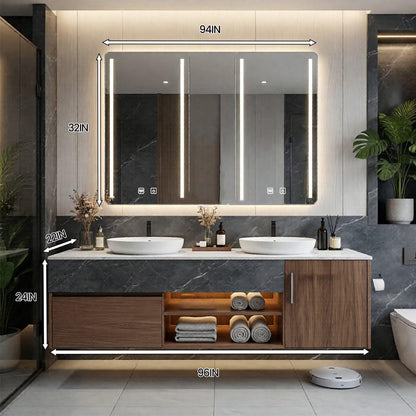 60”-96”Modern Floating Bathroom Vanity with Marble Top, LED Open Shelf & Smart Mirror