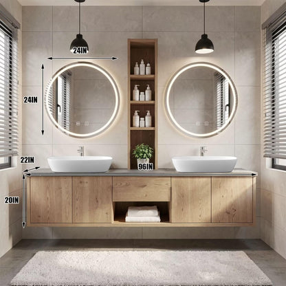 60"-96"Light Oak Floating Bathroom Vanity with Double Vessel Sinks & LED Round Mirrors