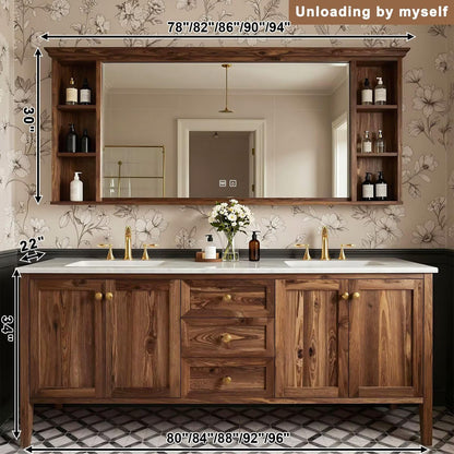 60”-96”Double Sink Freestanding Bathroom Vanity with Mirror & Storage Shelves, Solid Wood Vanity with Drawers & Doors, Modern Farmhouse Bathroom Cabinet