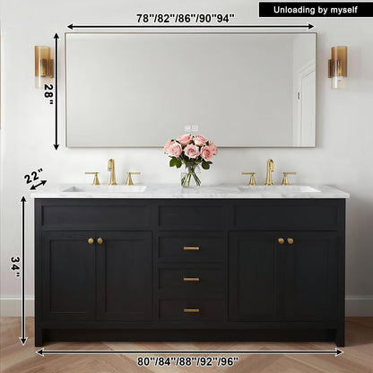 60”-96” Double Sink Freestanding Bathroom Vanity with Marble Top, Black Wood Vanity with Gold Hardware & Large Mirror, Modern Cabinet