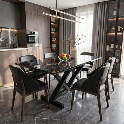 56"-96"Modern Industrial Dining Table, Black Marble Top with Crisscross Metal Base for 6