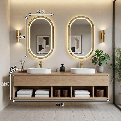 60“-96”Modern oak bathroom vanity with double vessel sinks, wall-mounted storage cabinet