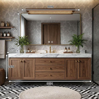 60"-96"Modern Wood Floating Vanity with Marble Countertop & LED Bathroom Mirror