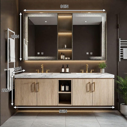 60"-96"Modern Light Wood Floating Vanity with Double Sinks & LED Lighted Mirror Cabinet