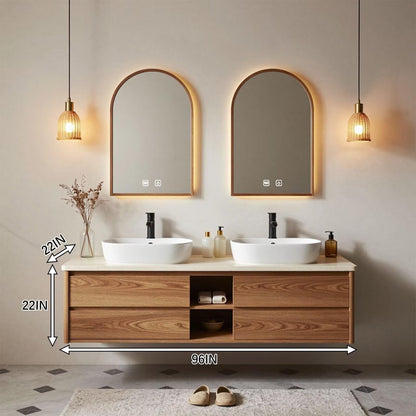 60"-96"Wall-Mounted Oak Bathroom Vanity with Double Sinks & LED Backlit Mirror