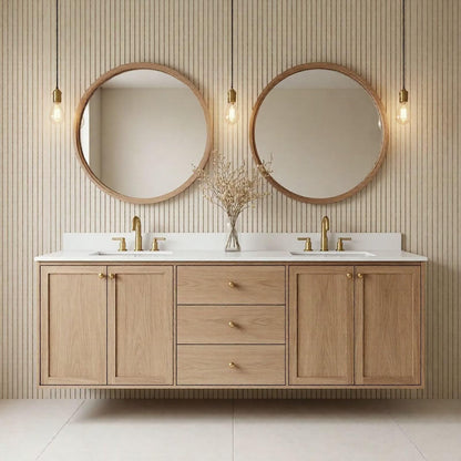60"-96"Floating Oak Bathroom Vanity with Double Sink, Wall-Mounted Cabinet & Drawers